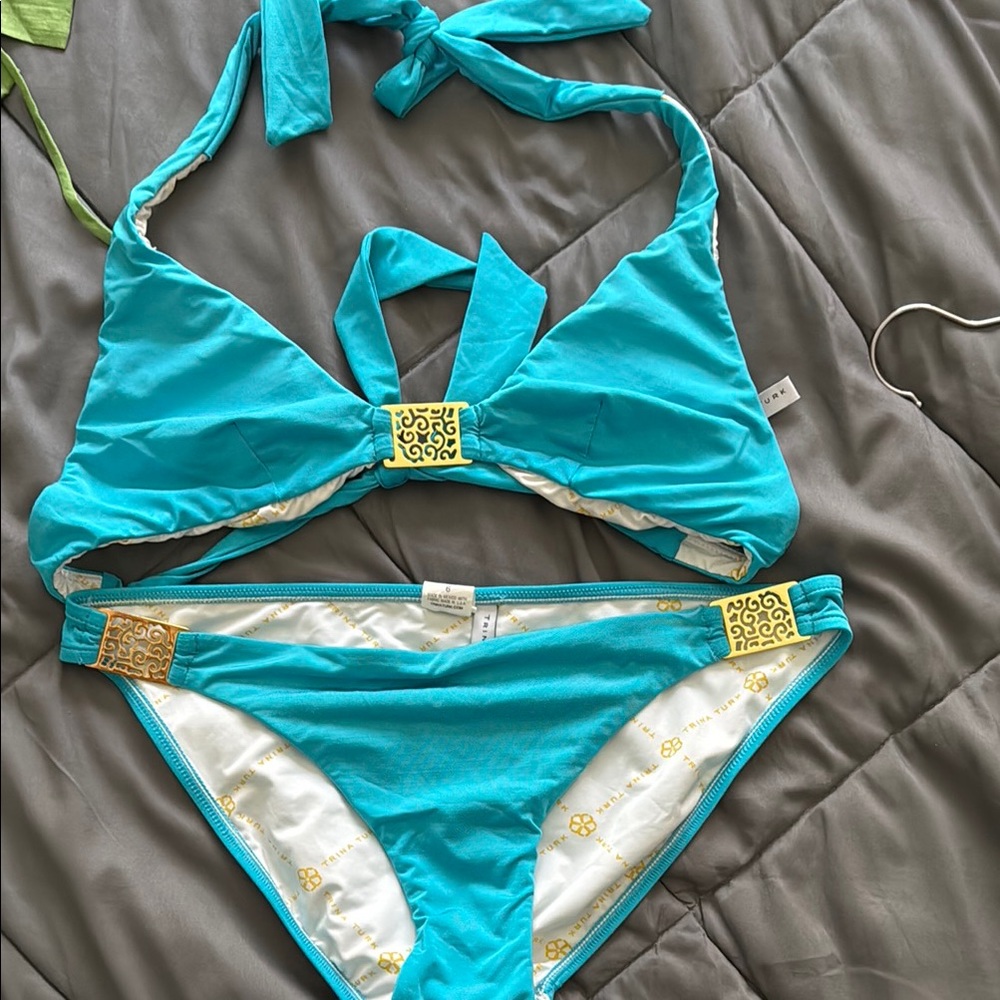 TRINA TURK.  Turquoise Bikini with Gold Accents